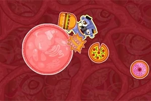 붉은 배경 위에 큰 원형 물체와 햄버거, 피자, 도넛, 로봇 같은 이미지가 놓여 있다