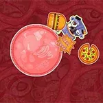 붉은 배경 위에 큰 원형 물체와 햄버거, 피자, 도넛, 로봇 같은 이미지가 놓여 있다