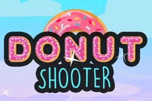 도넛과 함께 DONUT SHOOTER라는 글자가 있는 핑크색과 파란색의 밝은 이미지