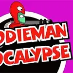 빨간 복면을 쓴 캐릭터가 검은 원 위에 총을 들고 있고, DOODIEMAN APOCALYPSE라는 문구가 있는 보라색 배경의 이미지
