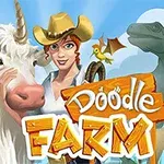 카우보이 모자를 쓴 여성과 유니콘이 있으며, 한쪽에 Doodle Farm이라는 문구가 있는 장면