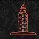 검은 배경에 주황색 선으로 그려진 랜드마크 건물의 일러스트
