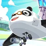 판다 얼굴의 비행기가 활주로를 배경으로 하늘을 날고 있는 모습