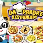 쉐프 모자를 쓴 판다가 여러 요리와 함께 서 있는 모습