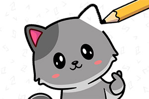 회색 고양이 캐릭터의 귀 부분을 연필로 그리는 모습