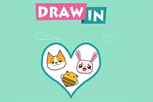 하늘색 배경의 이미지 중앙에 고양이, 토끼, 벌의 얼굴이 하트 모양 안에 그려져 있으며, 위에는 DRAW IN이라는 텍스트가 있습니다