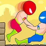 붉은 헬멧을 쓴 캐릭터가 파란 헬멧을 쓴 캐릭터와 맞붙어 싸우는 모습