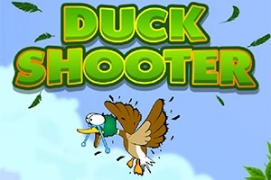 녹색 글씨로 DUCK SHOOTER가 쓰여 있고, 하늘을 배경으로 깜짝 놀란 표정의 오리가 날고 있다