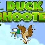 녹색 글씨로 DUCK SHOOTER가 쓰여 있고, 하늘을 배경으로 깜짝 놀란 표정의 오리가 날고 있다
