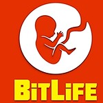 빨간 배경에 하얀 태아 실루엣과 노란색 글자로 BitLife라는 텍스트가 있는 이미지