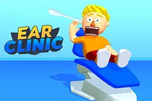의료용 의자에 앉아 귀를 후비는 남자 캐릭터와 EAR CLINIC이라는 글자가 보이는 장면