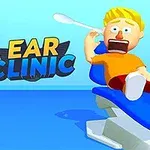 의료용 의자에 앉아 귀를 후비는 남자 캐릭터와 EAR CLINIC이라는 글자가 보이는 장면