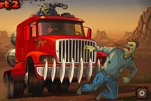 빨간 트럭이 덩치가 큰 좀비들을 들이받는 장면