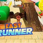 알록달록한 시장 거리에서 장애물을 피하며 달리는 캐릭터와 EAST RUNNER라고 적힌 텍스트