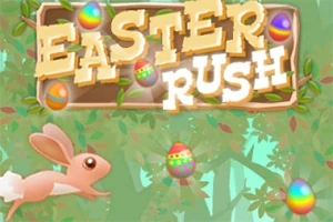 나무 배경 위에 부활절 달걀과 달리는 토끼, Easter Rush 글자가 있는 이미지