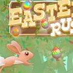 나무 배경 위에 부활절 달걀과 달리는 토끼, Easter Rush 글자가 있는 이미지