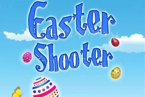 푸른 하늘 배경에 Easter Shooter라는 텍스트와 다양한 색상의 장식된 부활절 달걀이 흩어진 이미지