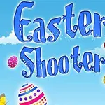 푸른 하늘 배경에 Easter Shooter라는 텍스트와 다양한 색상의 장식된 부활절 달걀이 흩어진 이미지
