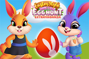 Easter Style Junction Egg Hunt Extravaganza 두 마리의 만화 토끼가 커다란 부활절 달걀 옆에 서 있는 모습