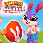 Easter Style Junction Egg Hunt Extravaganza 두 마리의 만화 토끼가 커다란 부활절 달걀 옆에 서 있는 모습