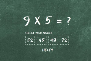 초록색 칠판에 흰색 분필로 9 x 5 = ?