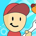 빨간 모자를 쓴 남자 캐릭터가 뒤집개로 핫도그를 공중에 던지고 있는 모습