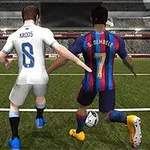 축구 경기장에서 두 명의 축구 선수가 공을 다투고 있는 모습