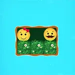 두 개의 이모지가 풀밭 위에 놓여 있고, 하나는 리본을 달고 웃고 있으며 다른 하나는 콧수염을 가지고 있습니다