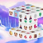 눈 덮인 배경 앞에 여러 개의 그림이 그려진 흰색 큐브들이 쌓여 있는 모습
