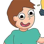 만화 스타일의 아이가 전구와 지우개를 들고 있는 모습