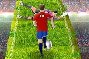 축구장에서 빨간색 유니폼을 입은 선수가 공을 드리블하며 골키퍼를 향해 달려가는 모습