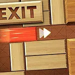 나무 블록 사이에 빨간 블록이 이동하고 있는 장면과 EXIT 표시