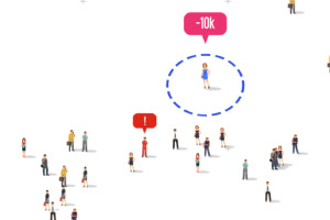 작은 사람들 그림이 드문드문 배치되어 있고, 중앙에 빨간색 -10k 말풍선과 파란 점선이 있는 한 사람 주위로 강조되어 있는 모습