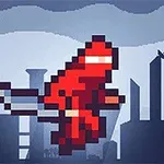 픽셀 아트 스타일의 빨간색 캐릭터가 회색 도시 배경을 배경으로 날고 있다