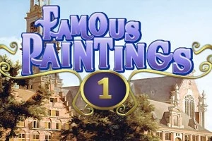 파란색과 금색으로 디자인된 Famous Paintings 1 텍스트가 고딕 양식의 건물들 앞에 배치된 이미지