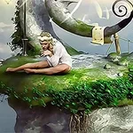 돌과 덩굴로 장식된 떠 있는 섬에 앉아 있는 흰 옷을 입은 사람