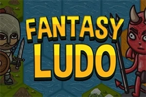 FANTASY LUDO라는 글자가 중앙에 있고, 양쪽에는 전사의 모습을 한 캐릭터와 붉은 악마 캐릭터가 있는 이미지