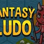FANTASY LUDO라는 글자가 중앙에 있고, 양쪽에는 전사의 모습을 한 캐릭터와 붉은 악마 캐릭터가 있는 이미지