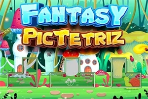 알록달록한 버섯 집들로 구성된 환상적인 숲을 배경으로 한 FANTASY PICTETRIZ라는 텍스트