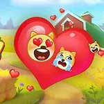 빨간 하트 안에 있는 동물 이모티콘 두 개가 사랑 표현을 하고 있으며, 배경은 농장을 나타내고 있음