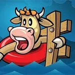빨간 튜브에 올라타고 깜짝 놀란 표정을 짓는 만화 스타일의 소