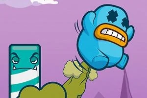 파란색 캐릭터가 화난 표정으로 멀리 점프하고 있으며, 뒤에 녹색 기둥이 있는 장면
