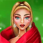 금발의 여성이 빨간 의상을 입고 화려한 메이크업과 보석 귀걸이를 착용한 모습