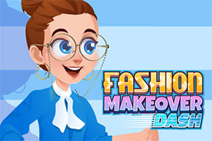 큰 안경과 귀걸이를 착용한 파란 옷의 여성 캐릭터와 ‘FASHION MAKEOVER DASH’ 글자