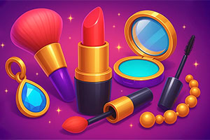 화려한 보라색 배경에 립스틱, 화장 브러시, 아이섀도우, 마스카라, 보석 귀걸이, 진주 목걸이가 배치되어 있습니다