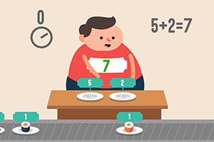 접시에 놓인 스시와 숫자 퍼즐을 푸는 사람의 그림