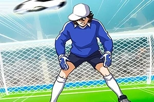 축구 골문 앞에서 파란 유니폼과 모자를 쓴 골키퍼가 공을 막으려고 준비하는 모습