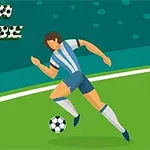 푸른 유니폼을 입은 축구 선수가 공을 몰고 가는 그림입니다