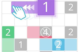 다양한 색상의 숫자 블록과 손 모양의 커서가 배치된 퍼즐 형식의 그리드