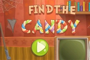 FIND THE CANDY라는 알록달록한 글자가 있는 방 배경에 녹색 재생 버튼과 텔레비전이 보이는 장면